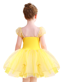 Girls Yellow Bow & Sequin Ballet Tutu Dress, Puff Sleeve Dance Costume-ALP078