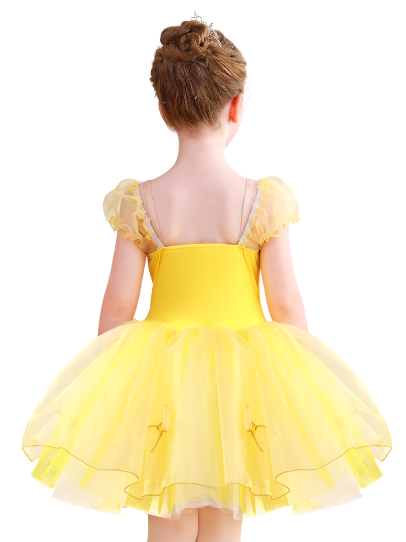 Girls Yellow Bow & Sequin Ballet Tutu Dress, Puff Sleeve Dance Costume-ALP078