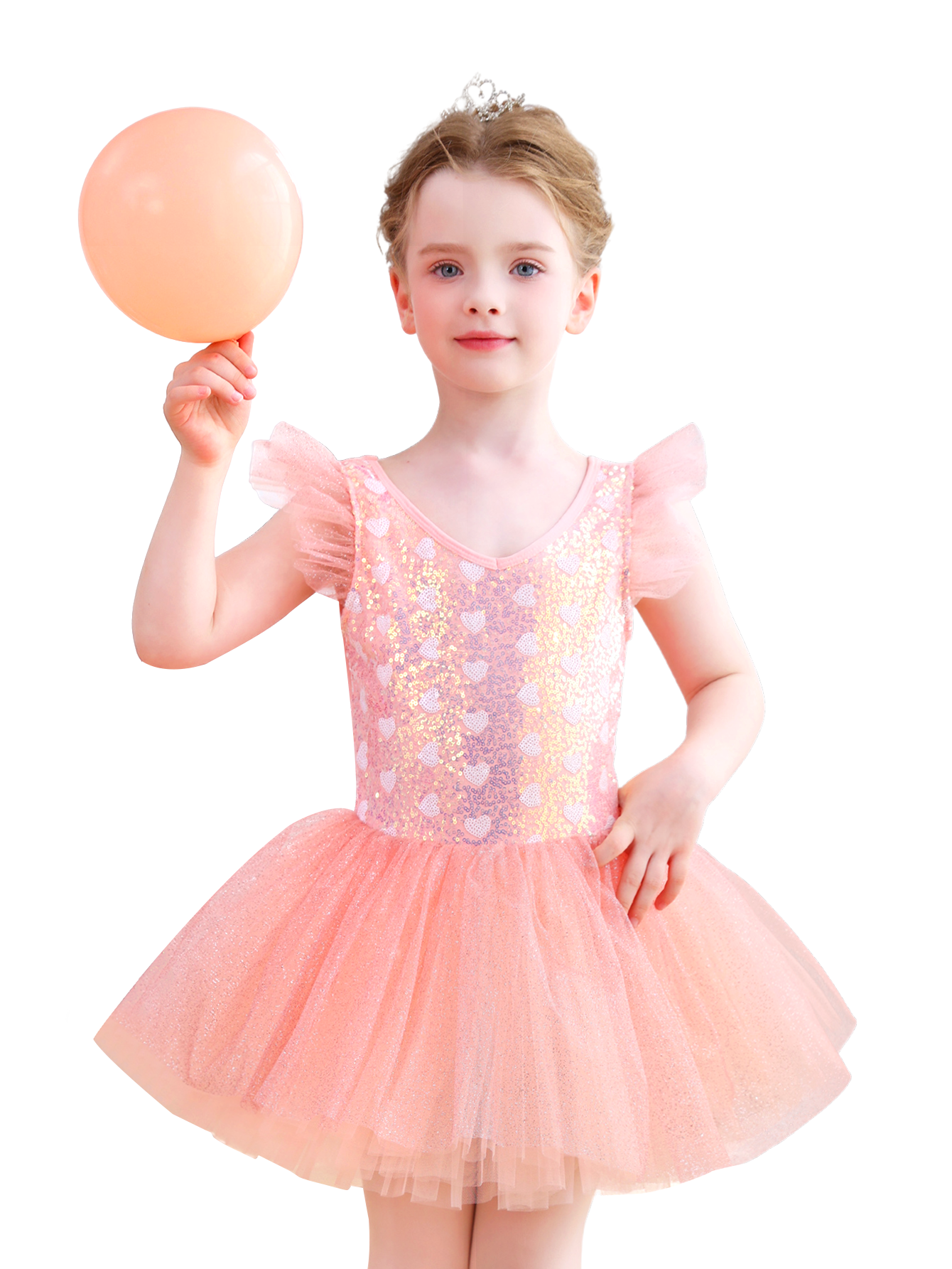Girls Pink Heart Sequin Ballet Tutu Dress, Sparkly Tulle Dance Costume-ALP055