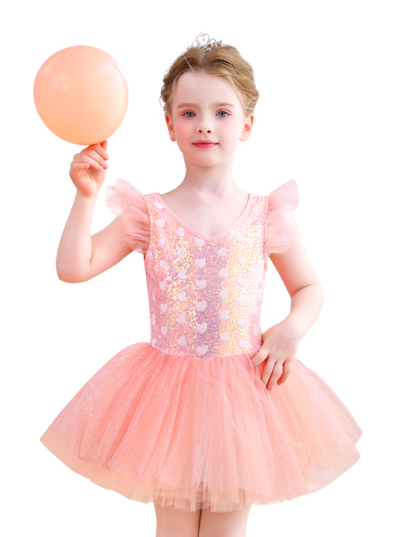 Girls Pink Heart Sequin Ballet Tutu Dress, Sparkly Tulle Dance Costume-ALP055