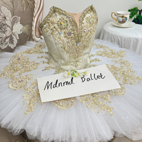 Deluxe White and Gold Classical Ballet Tutu with Embellishments - MDT0317