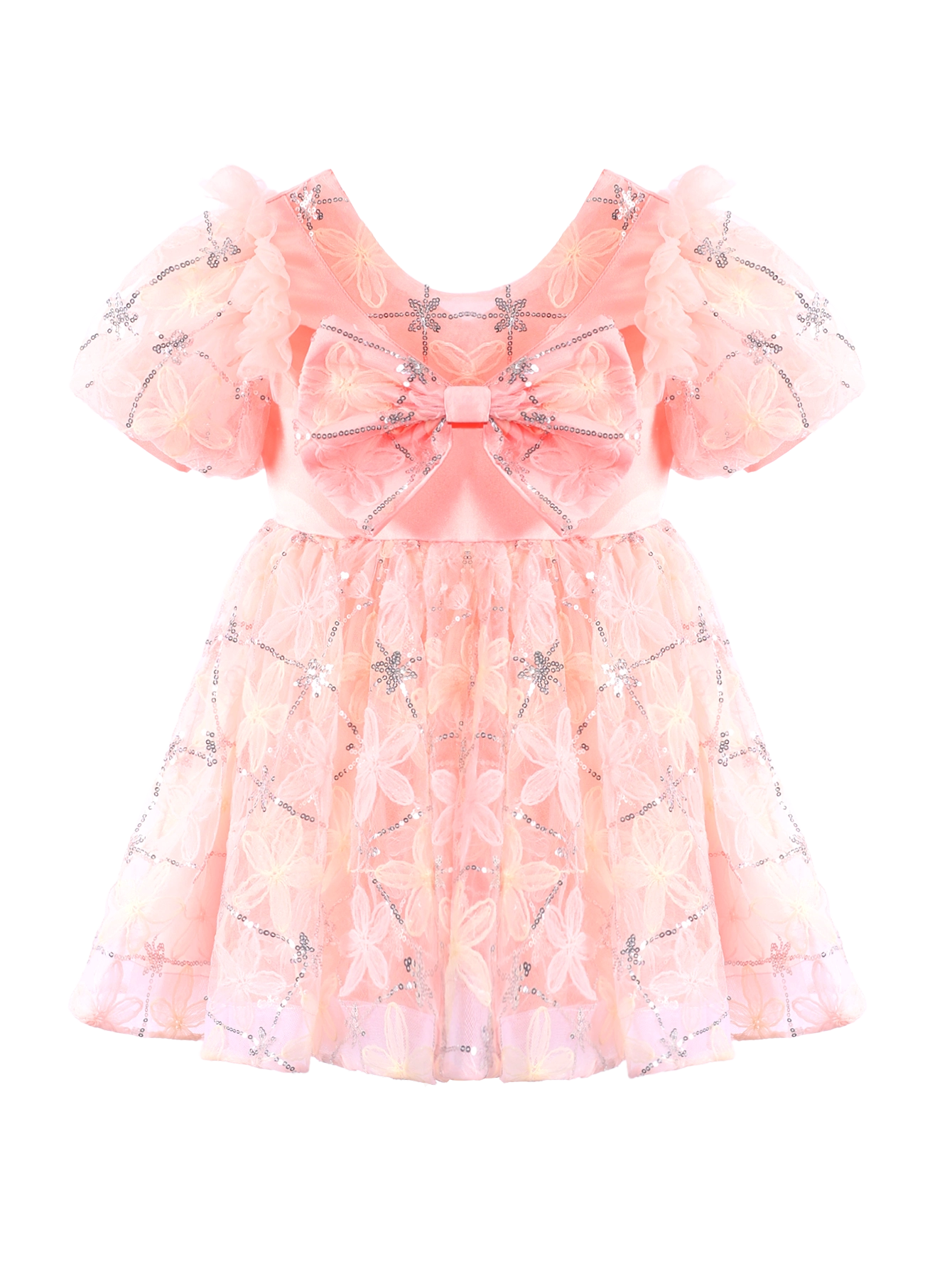 Girls Pink Floral Embroidery Puff Sleeve Princess Dress Gown-XGZ9007