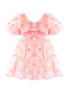 Girls Pink Floral Embroidery Puff Sleeve Princess Dress Gown-XGZ9007
