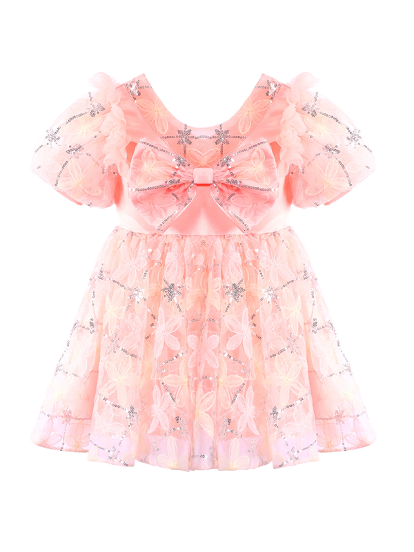 Girls Pink Floral Embroidery Puff Sleeve Princess Dress Gown-XGZ9007