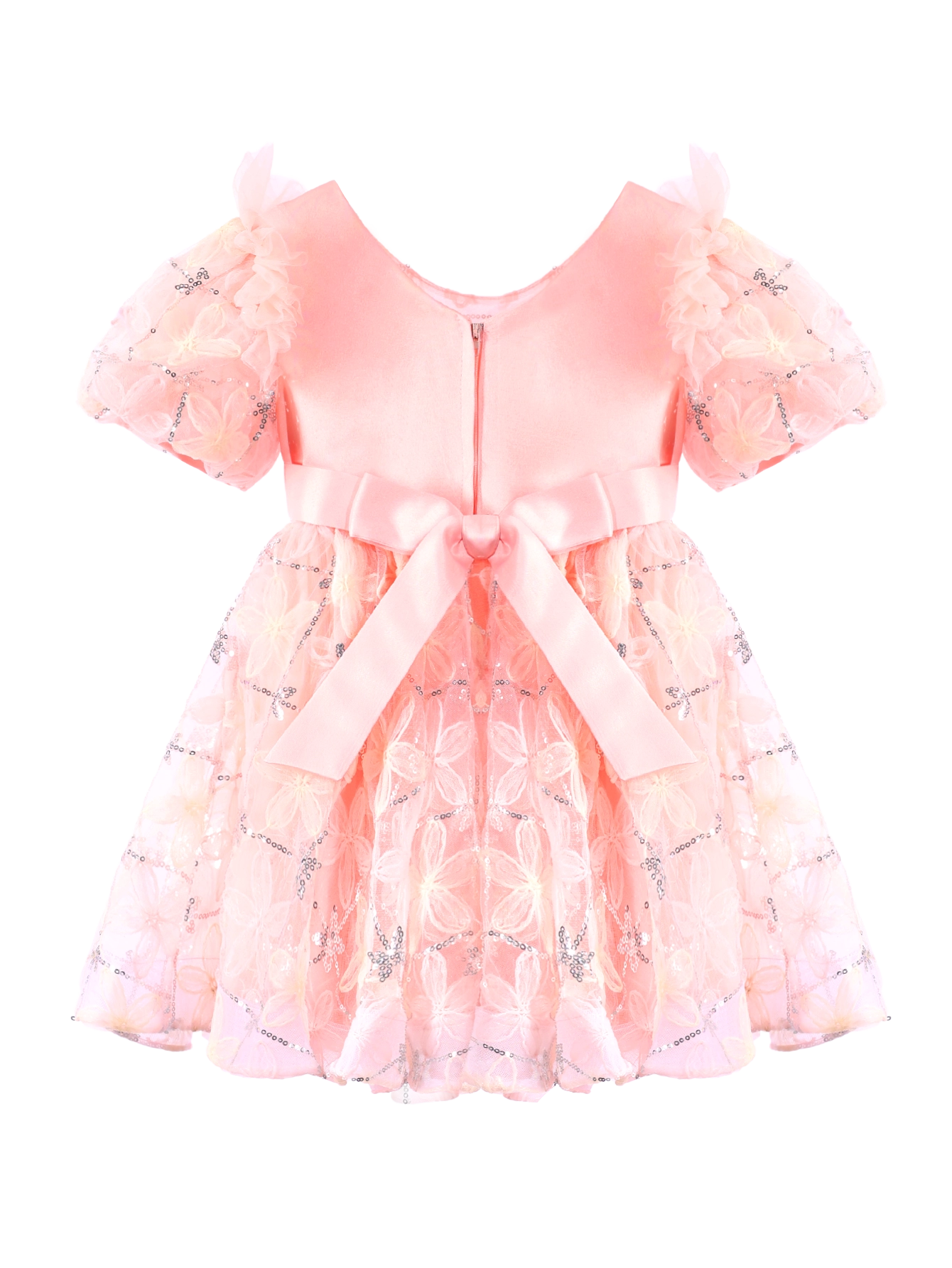 Girls Pink Floral Embroidery Puff Sleeve Princess Dress Gown-XGZ9007
