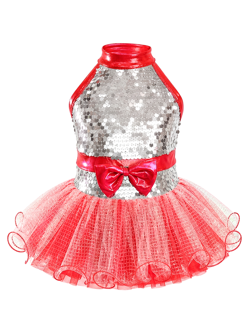 Kids Metallic Red Patent Trim Sparkly Stage Dance Costume