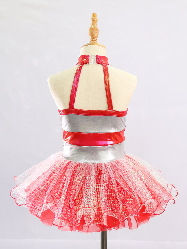 Kids Metallic Red Patent Trim Sparkly Stage Dance Costume