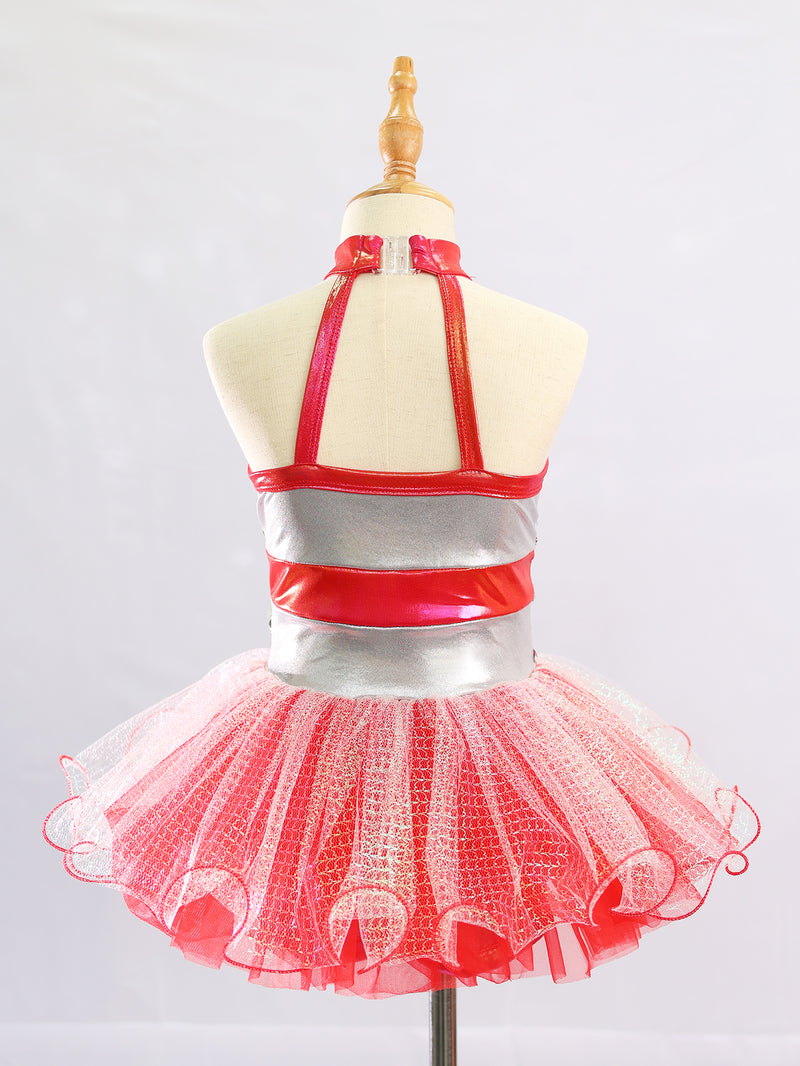 Kids Metallic Red Patent Trim Sparkly Stage Dance Costume