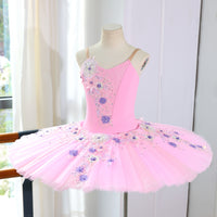 Handmade Custom Professional Pink Ballet Pancake Tutu- Sequin Floral Applique Stage Performance Costume-MDT1723