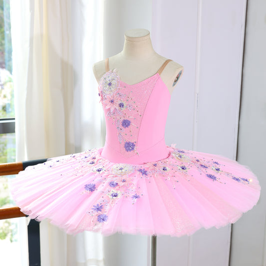 Handmade Custom Professional Pink Ballet Pancake Tutu- Sequin Floral Applique Stage Performance Costume-MDT1723
