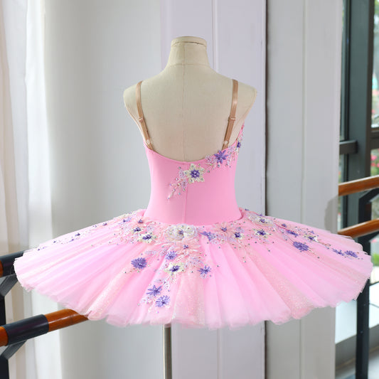 Handmade Custom Professional Pink Ballet Pancake Tutu- Sequin Floral Applique Stage Performance Costume-MDT1723