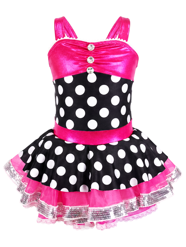 Black White Polka Dot Hot Pink Girls Ballet Tutu Dress Rhinestone Dance Costume
