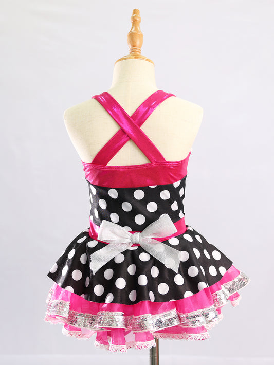 Black White Polka Dot Hot Pink Girls Ballet Tutu Dress Rhinestone Dance Costume