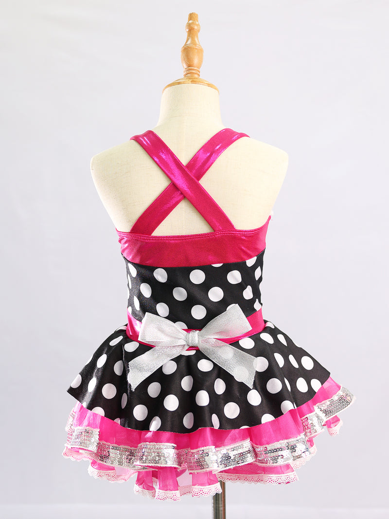 Black White Polka Dot Hot Pink Girls Ballet Tutu Dress Rhinestone Dance Costume