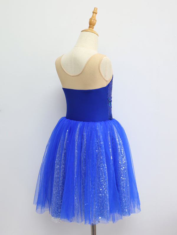 Girls Royal Blue Sequin Floral Ballet Tutu Dress Swan Lake Bluebird Nutcracker Costume