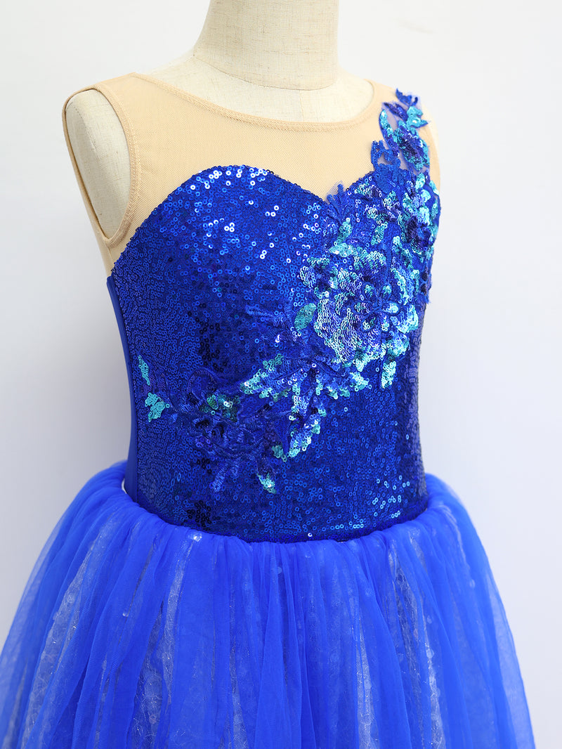 Girls Royal Blue Sequin Floral Ballet Tutu Dress Swan Lake Bluebird Nutcracker Costume