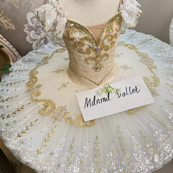 Graceful Ivory Tutu for Ballet - Embellished with Exquisite Gold Detailing and Sweet Puffed Sleeves-MDT0380