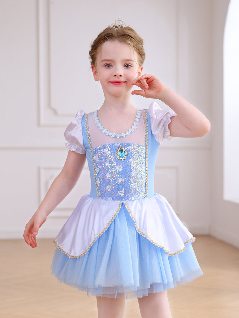 Girls Puff Sleeve Heart Glitter Ballet Leotard Princess Tutu Dress-ALP069