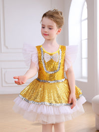 Girls Gold Sequin Ballet Tutu Dress, Puff Sleeve Sparkle Dance Costume-ALP065