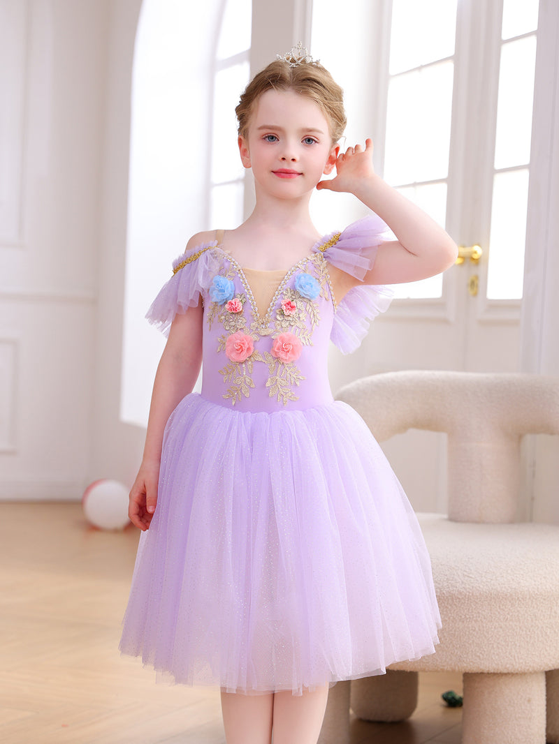 Girls Floral Embroidery Flutter Sleeve Ballet Leotard Princess Tutu Dress-ALP060