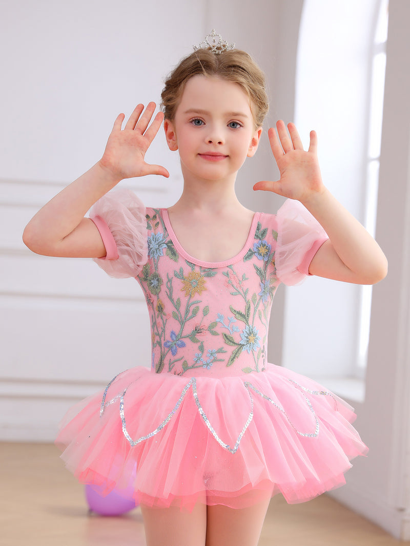 Girls Floral Embroidery Ballet Tutu Dress, Puff Sleeve Dance Costume-ALP045