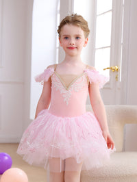 Girls Pink Snowflake Lace Ballet Tutu Dress, Ruffle Sleeve Dance Costume-ALP057