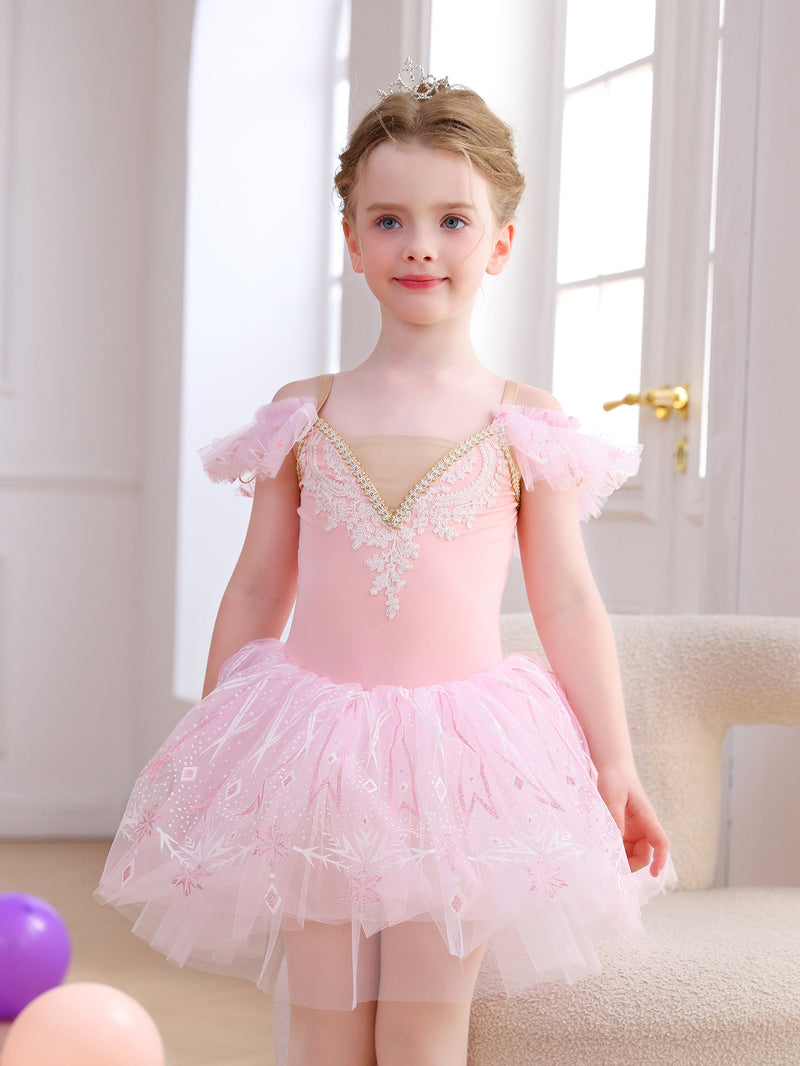 Girls Pink Snowflake Lace Ballet Tutu Dress, Ruffle Sleeve Dance Costume-ALP057