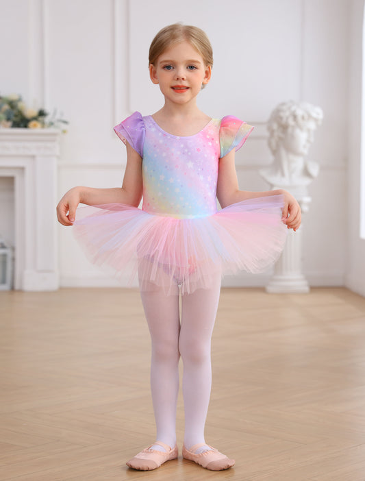 Sparkly Rainbow Twirl Dress | Star-Patterned Dancewear & Gymnastics Leotard | Unicorn Lover's Dream Gift | Ready to Ship!-AM312