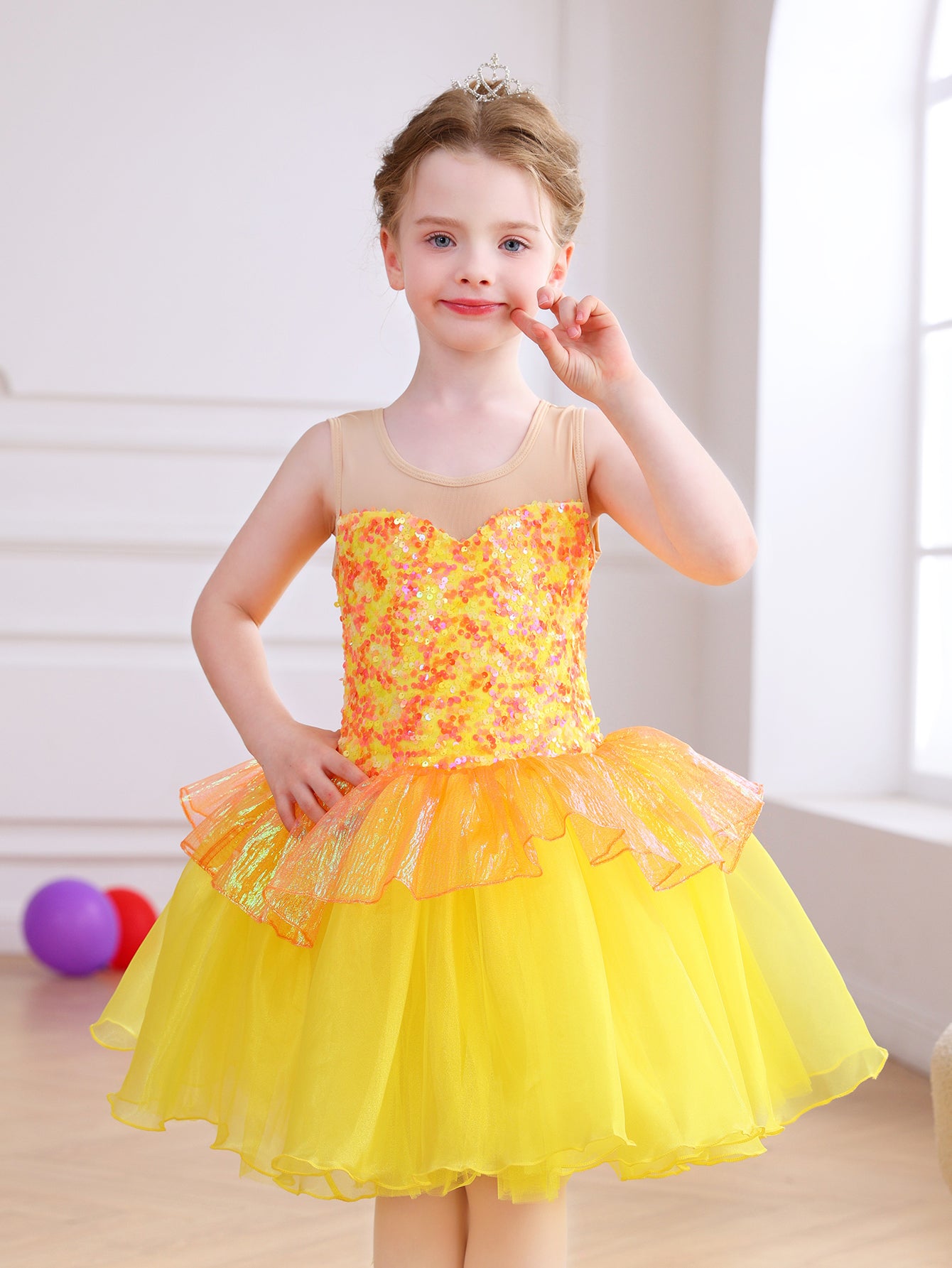 Girls Yellow Sequin Ballet Tutu Dress, Sparkle Performance Costume-ALP076