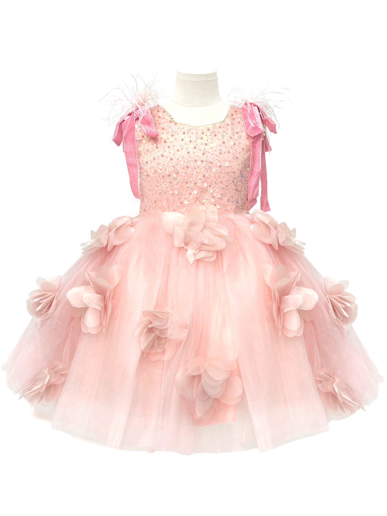 Sparkly Pink Flower Girl Dress with 3D Flowers-J274