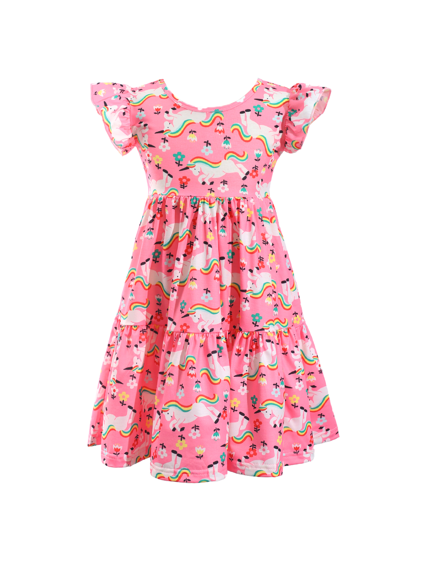 Kids Pink Unicorn Print Ruffle Sleeve Casual Dress-AMD0001