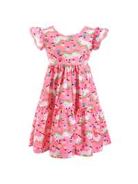 Kids Pink Unicorn Print Ruffle Sleeve Casual Dress-AMD0001