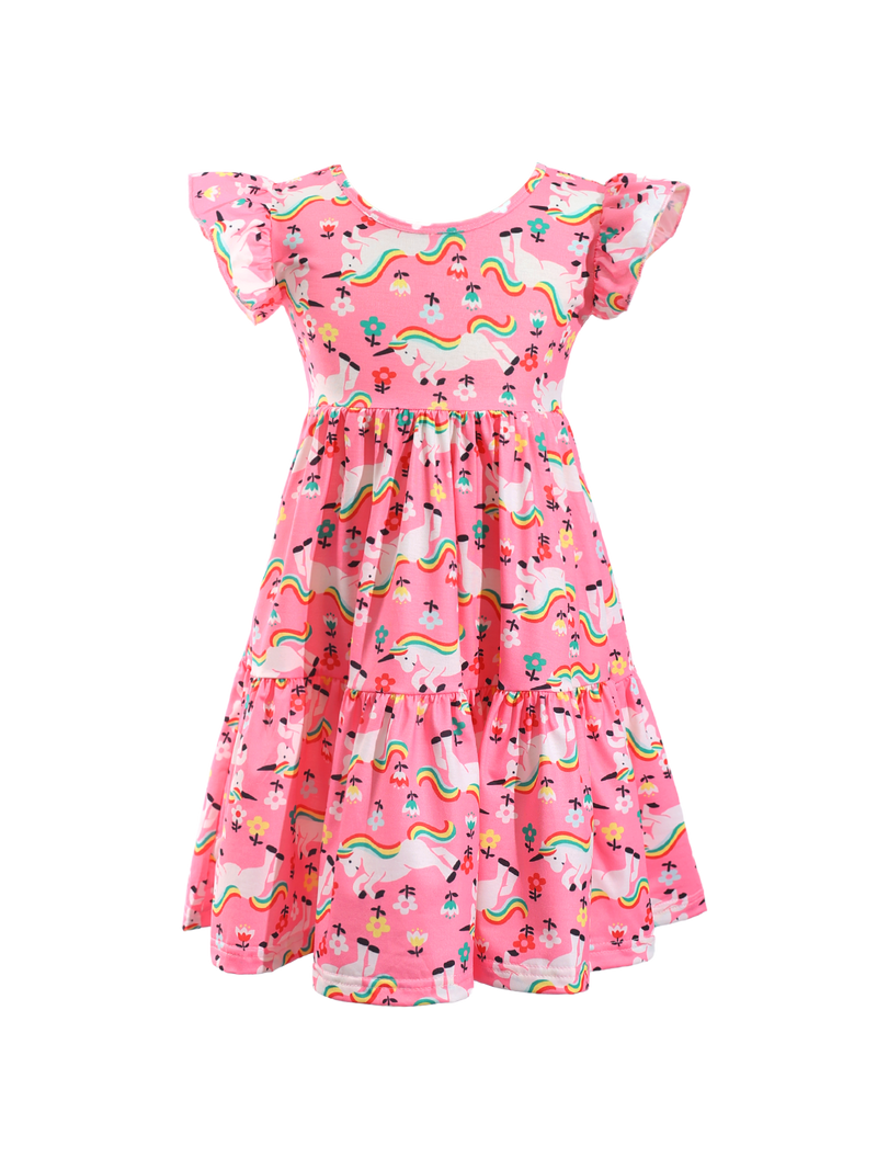 Kids Pink Unicorn Print Ruffle Sleeve Casual Dress-AMD0001