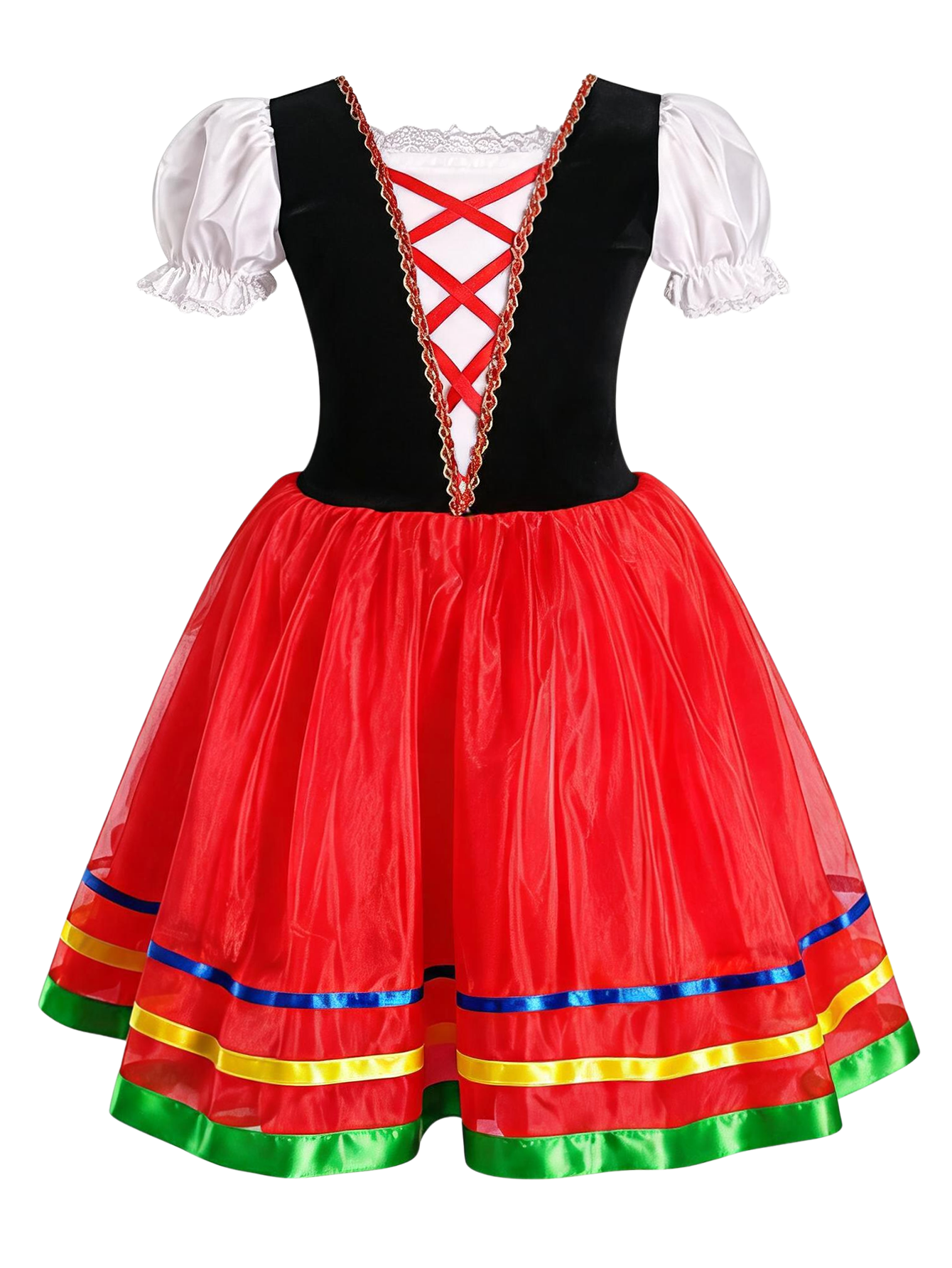 Girls Folk Red Tulle Puff Sleeve Ballet Tutu Costume