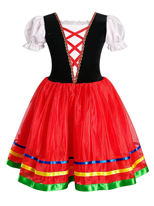 Girls Folk Red Tulle Puff Sleeve Ballet Tutu Costume