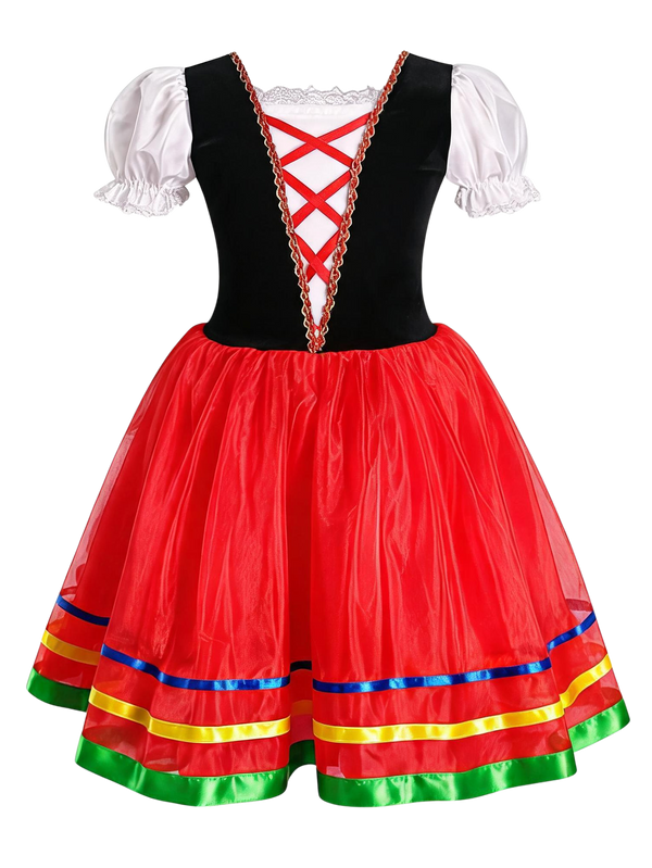 Girls Folk Red Tulle Puff Sleeve Ballet Tutu Costume