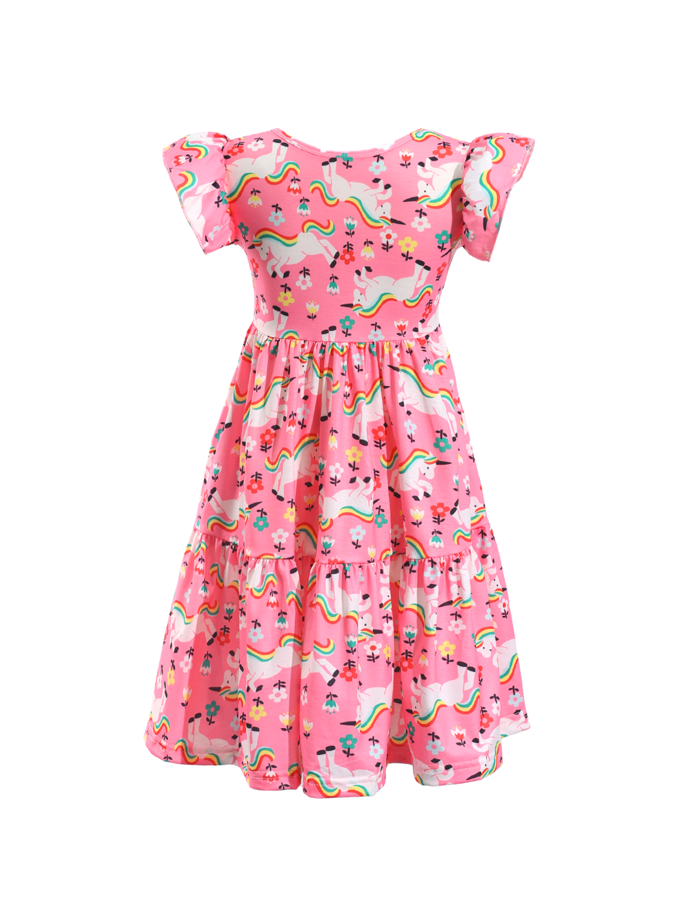 Kids Pink Unicorn Print Ruffle Sleeve Casual Dress-AMD0001