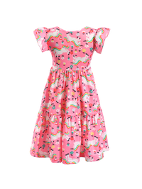 Kids Pink Unicorn Print Ruffle Sleeve Casual Dress-AMD0001