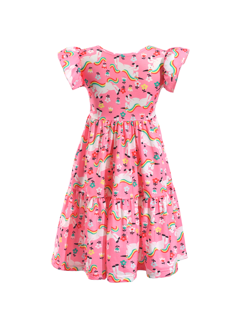 Kids Pink Unicorn Print Ruffle Sleeve Casual Dress-AMD0001
