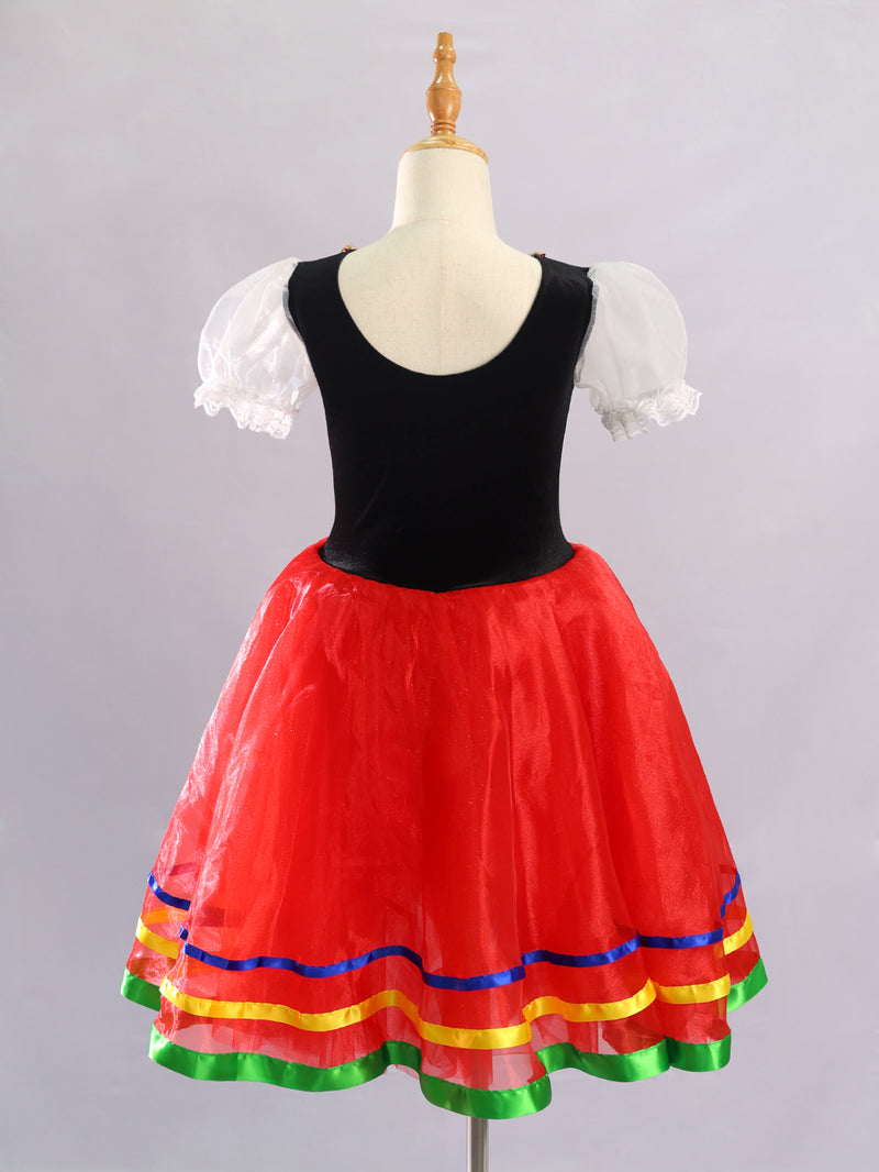 Girls Folk Red Tulle Puff Sleeve Ballet Tutu Costume