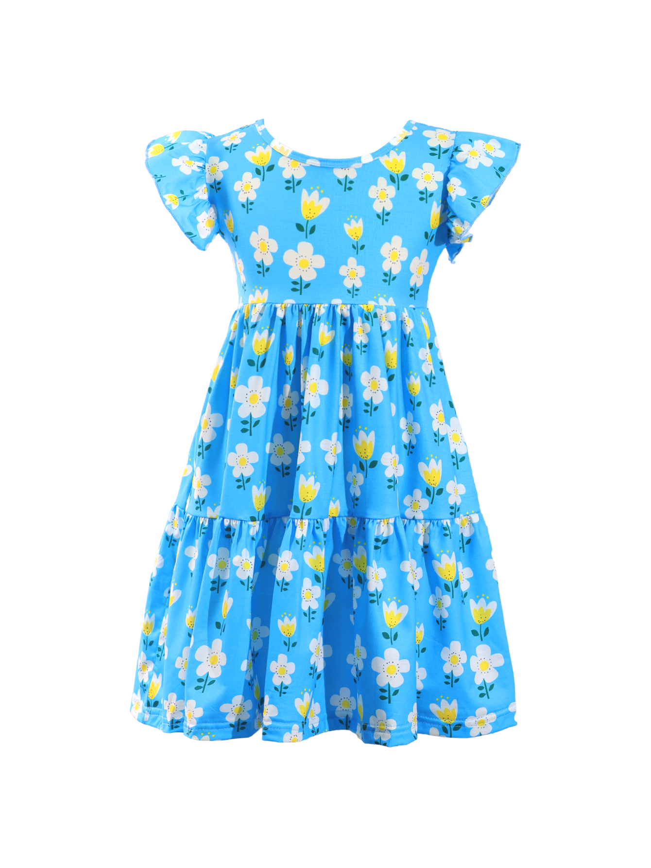 Blue Floral Print Ruffle Sleeve Tiered Kids Dress