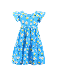 Blue Floral Print Ruffle Sleeve Tiered Kids Dress