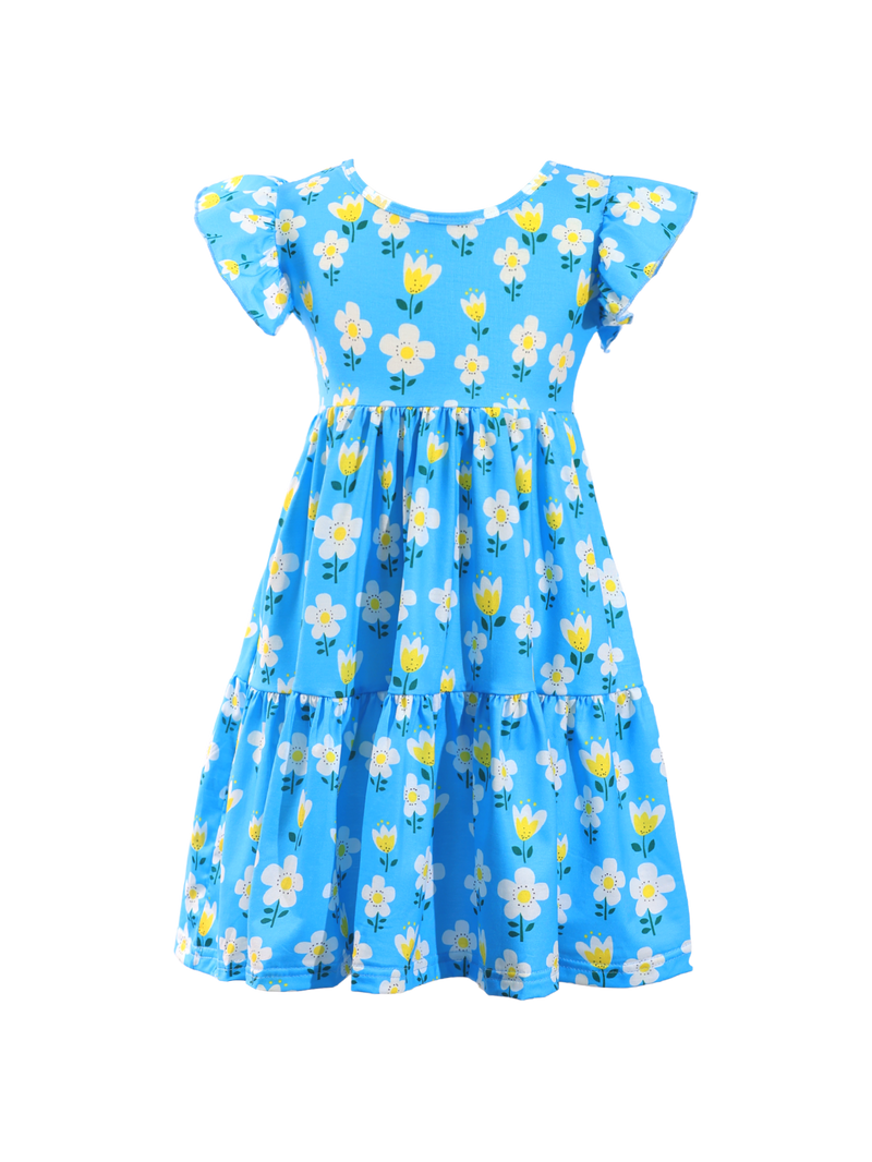 Blue Floral Print Ruffle Sleeve Tiered Kids Dress