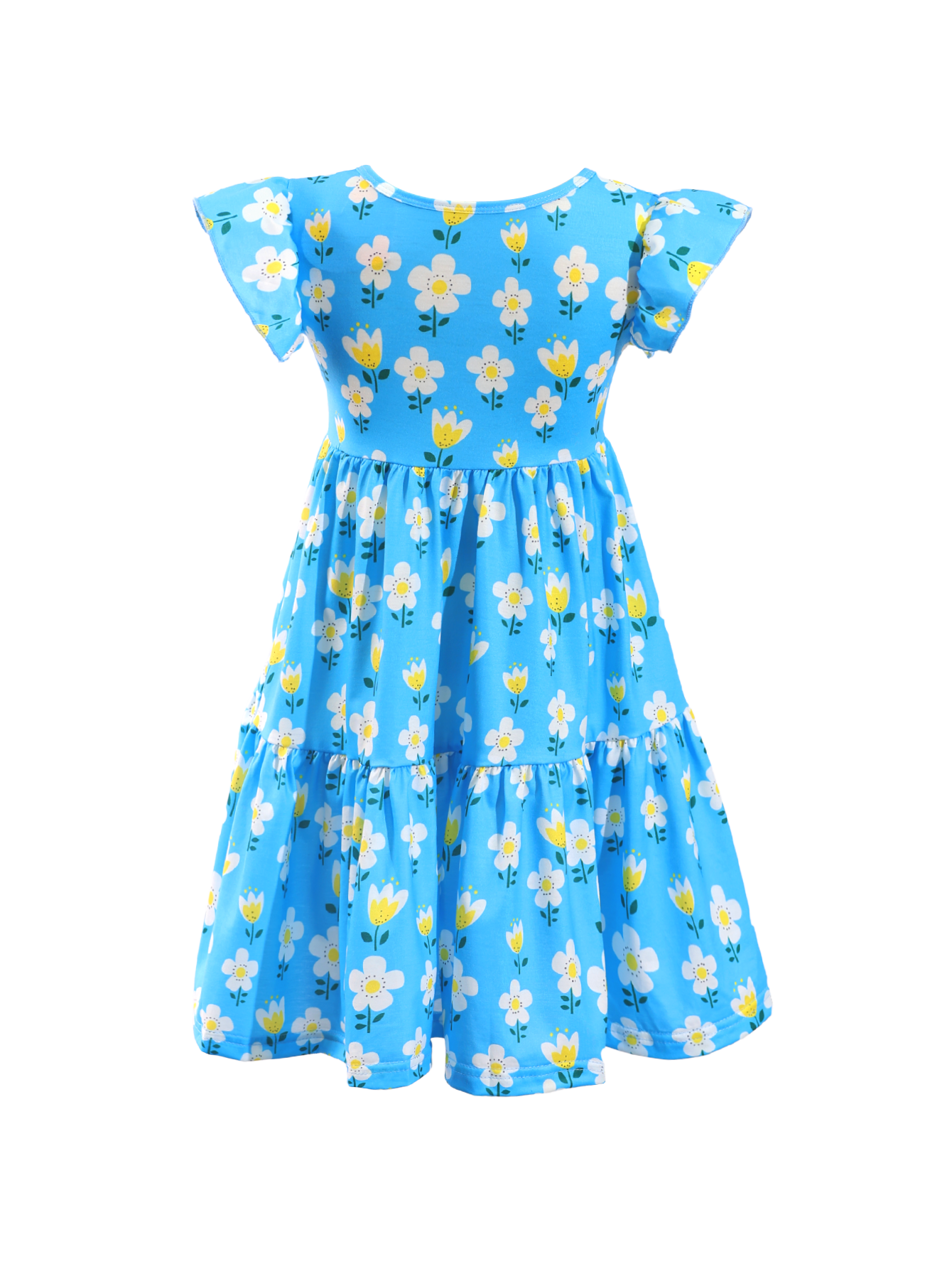 Blue Floral Print Ruffle Sleeve Tiered Kids Dress