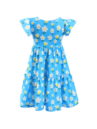 Blue Floral Print Ruffle Sleeve Tiered Kids Dress