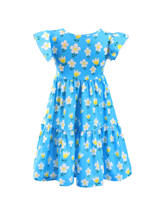 Blue Floral Print Ruffle Sleeve Tiered Kids Dress