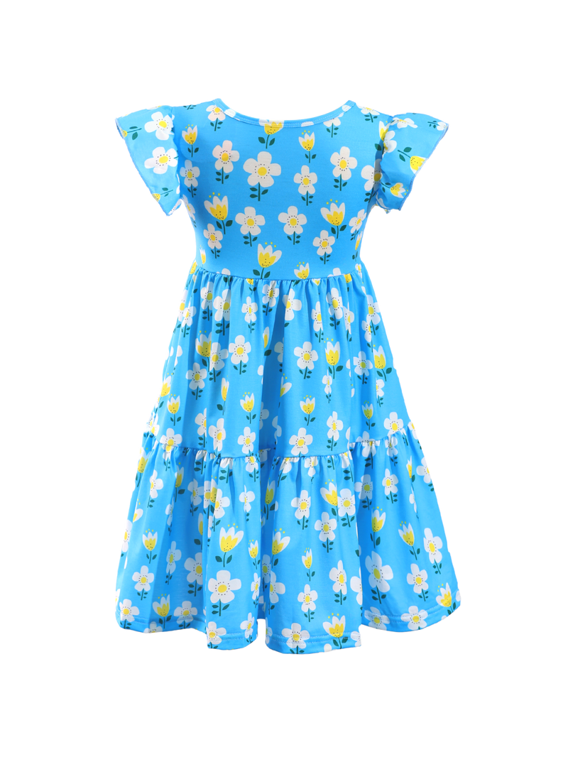 Blue Floral Print Ruffle Sleeve Tiered Kids Dress
