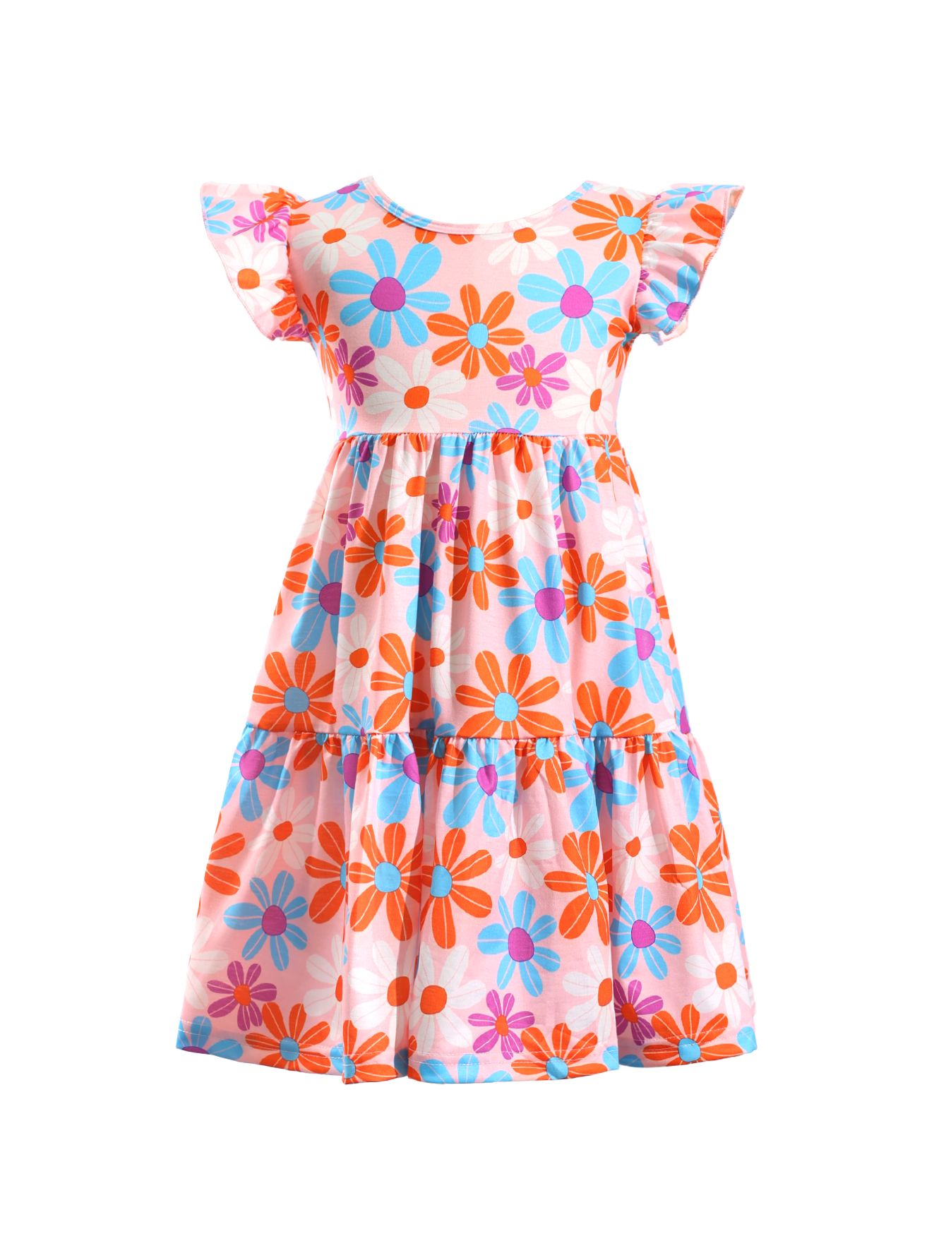 Colorful Floral Print Ruffle-Sleeve Casual Kids Dress-AMD0002