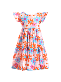 Colorful Floral Print Ruffle-Sleeve Casual Kids Dress-AMD0002
