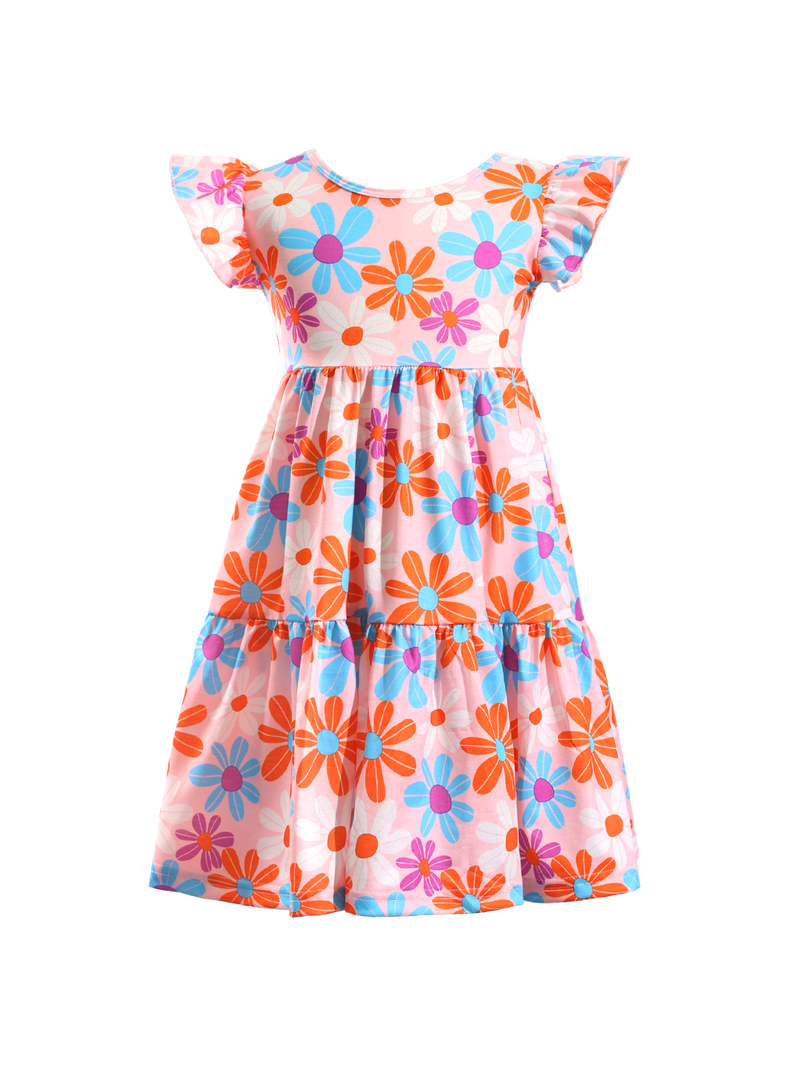 Colorful Floral Print Ruffle-Sleeve Casual Kids Dress-AMD0002